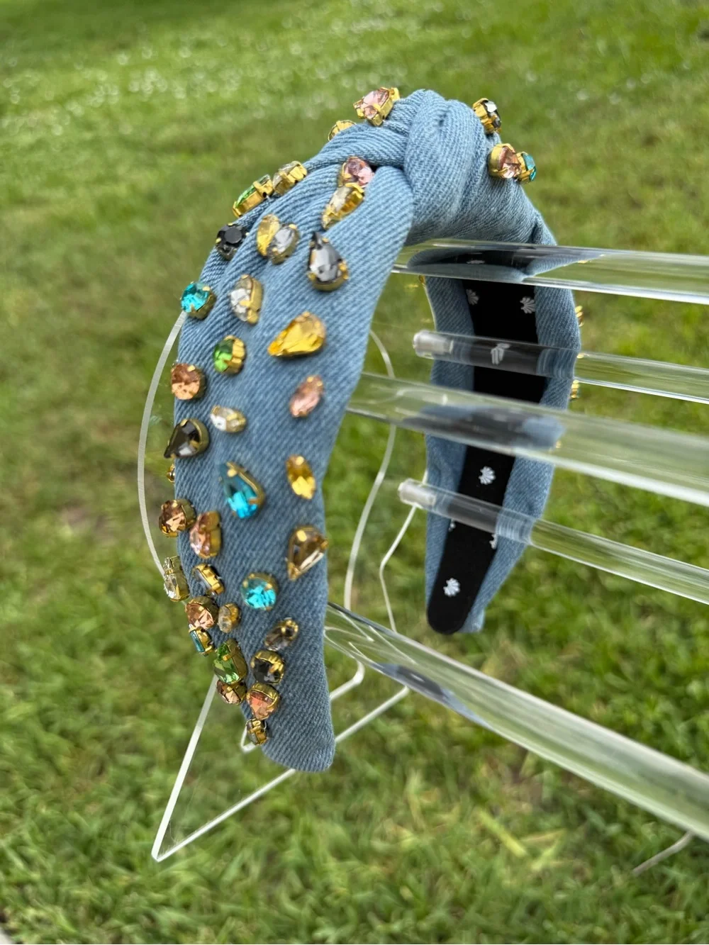 Lele Sadoughi Denim Candy Crystal Embellished Blue Jeweled Knotted Headband